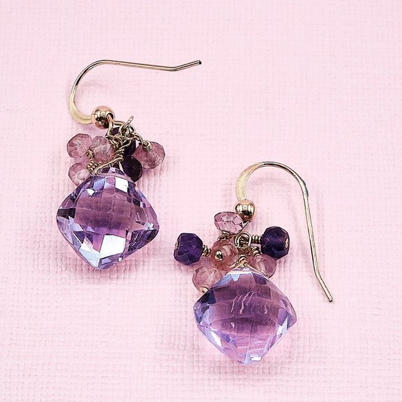 Amethyst Earrings with Amethyst Pink Topaz Cluster, 14K Gold Filled Earrings - Picture 6 of 10